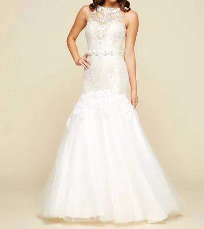 Mac Duggal Trumpet Ball Gown With Lace In Ivory/nude In Multi