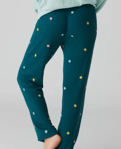 Pj Salvage Take It Easy Embroidered Waffle Knit Lounge Pants In Blue