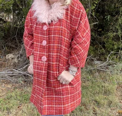 Ivy Jane Fur Collar Tweed Coat In Pink/red In Multi