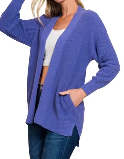 Zenana Eyelet Open Cardigan Sweater In Marlin Blue In Multi