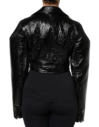 Dolce & Gabbana Black Leather Cropped Long Sleeve Coat Jacket In Black