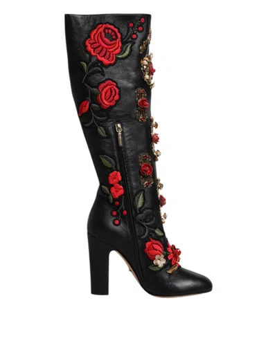 Dolce & Gabbana Black Roses Embellished Leather Heel Boots Shoes In Black