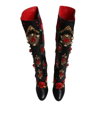 Dolce & Gabbana Black Roses Embellished Leather Heel Boots Shoes In Black