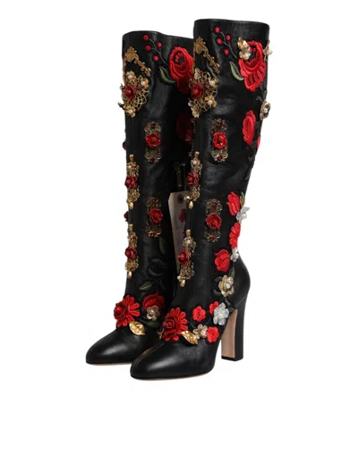 Dolce & Gabbana Black Roses Embellished Leather Heel Boots Shoes In Black