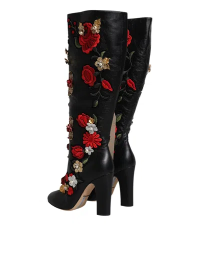 Dolce & Gabbana Black Roses Embellished Leather Heel Boots Shoes In Black