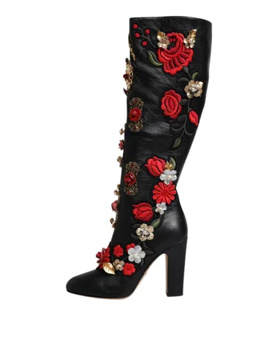 Dolce & Gabbana Black Roses Embellished Leather Heel Boots Shoes In Black