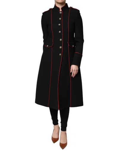 Dolce & Gabbana Black Wool Single Breasted Trench Coat Jacket In Black And Red