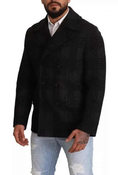 Dolce & Gabbana Black Trench Coat Check Wool Jacket In Black