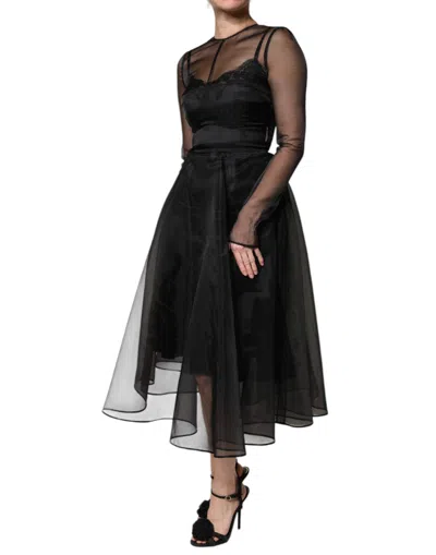 Dolce & Gabbana Black Tulle A-line Midi Cocktail Gown Dress In Black
