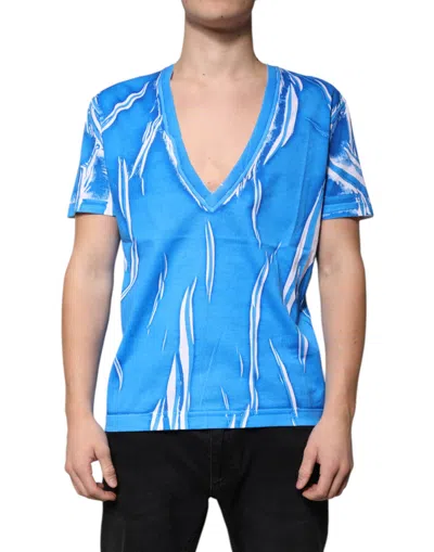 Dolce & Gabbana Blue Cotton V-neck Short Sleeves T-shirt In Blue