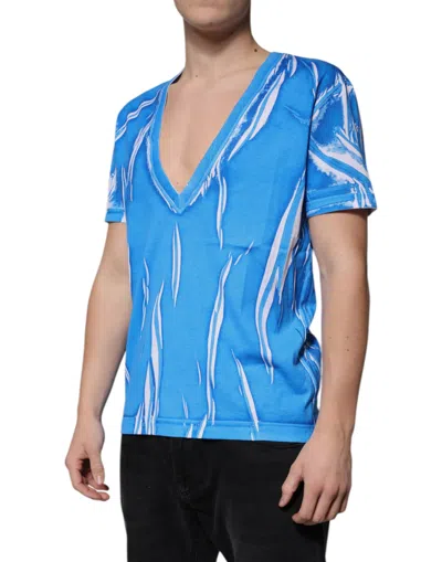 Dolce & Gabbana Blue Cotton V-neck Short Sleeves T-shirt In Blue