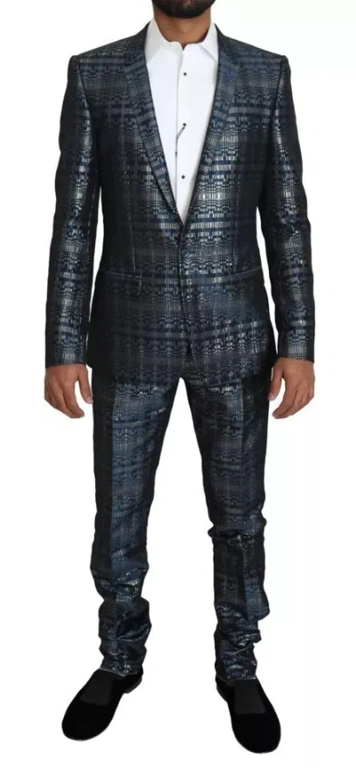Dolce & Gabbana Blue Silver Shiny 2 Piece Slim Gold Men's Suit In Blue