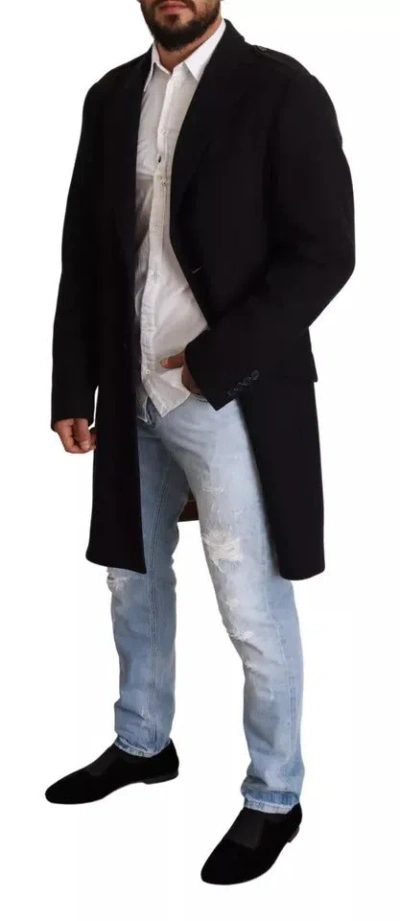 Dolce & Gabbana Blue Trench Coat Long Wool Stretch Men's Jacket In Blue