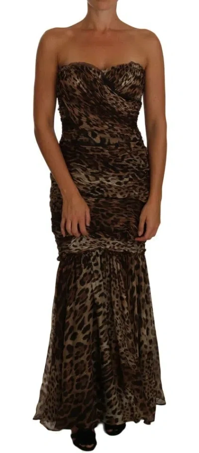 Dolce & Gabbana Brown Leopard Silk Chiffon Ruched Mermaid Maxi Dress In Brown