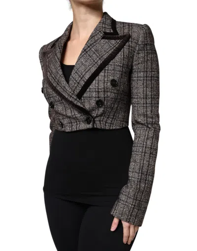Dolce & Gabbana Brown Plaid Long Sleeve Cropped Coat Jacket In Brown
