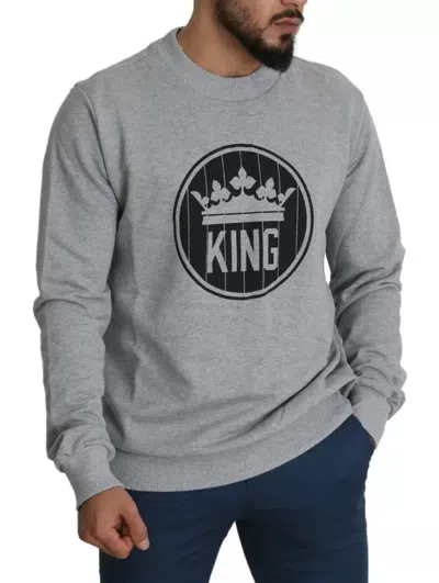 Dolce & Gabbana Gray Crown King Cotton Pullover Sweater In Gray
