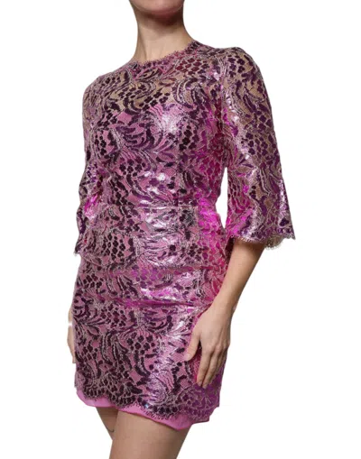 Dolce & Gabbana Metallic Fuchsia Floral Sheath Mini Dress In Pink