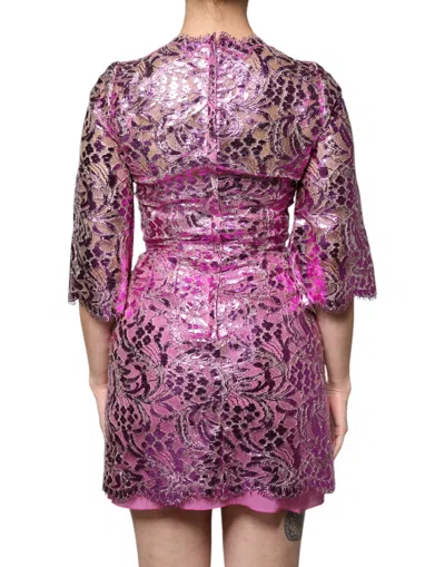 Dolce & Gabbana Metallic Fuchsia Floral Sheath Mini Dress In Pink