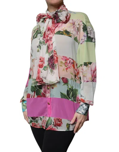 Dolce & Gabbana Multicolor Floral Patchwork Ascot Collar Women's Top In Multicolor