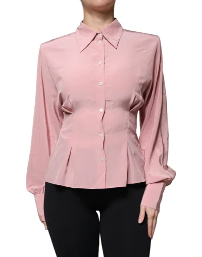 Dolce & Gabbana Pink Cotton Long Sleeves Collared Blouse Top In Pink