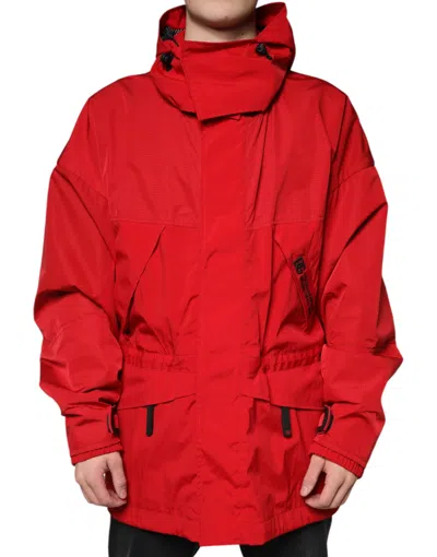 Dolce & Gabbana Red Nylon Hooded Men Full Zip Parka Jacket In Red