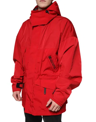 Dolce & Gabbana Red Nylon Hooded Men Full Zip Parka Jacket In Red