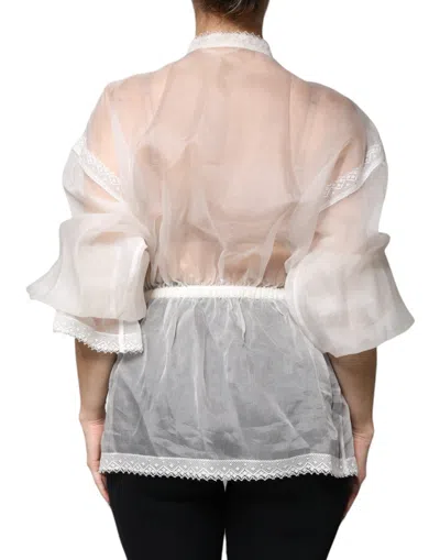 Dolce & Gabbana White Ascot Collar Long Sleeves Blouse Top In White