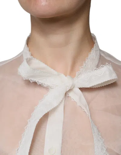 Dolce & Gabbana White Ascot Collar Long Sleeves Blouse Top In White