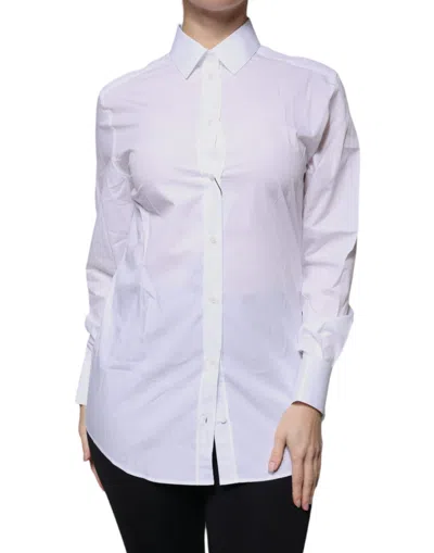 Dolce & Gabbana White Cotton Collared Long Sleeves Formal Top In White