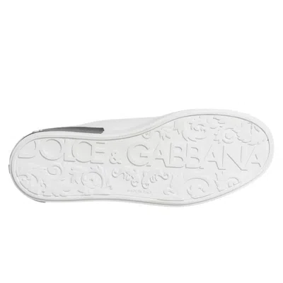 Pre-owned Dolce & Gabbana White Leather Logo Portofino Sneaker Men's Shoes () In Black And White