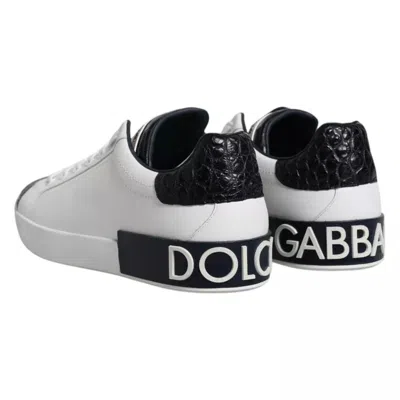 Pre-owned Dolce & Gabbana White Leather Logo Portofino Sneaker Men's Shoes () In Black And White