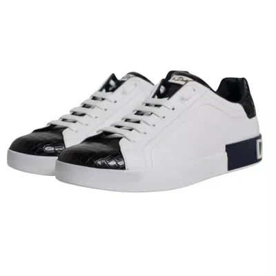 Pre-owned Dolce & Gabbana White Leather Logo Portofino Sneaker Men's Shoes () In Black And White