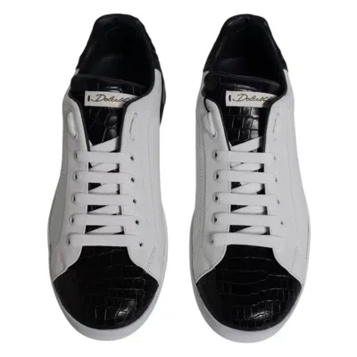 Pre-owned Dolce & Gabbana White Leather Logo Portofino Sneaker Men's Shoes () In Black And White