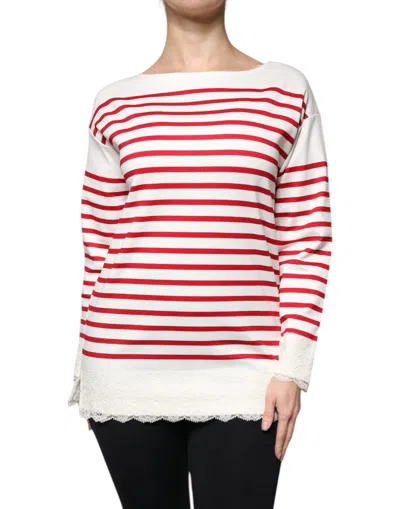 Dolce & Gabbana White Red Stripes Cotton Long Sleeves Top In White And Red