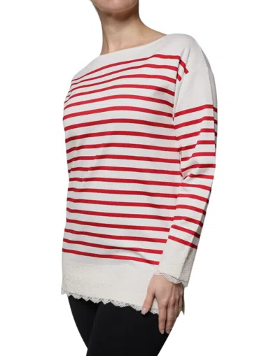 Dolce & Gabbana White Red Stripes Cotton Long Sleeves Top In White And Red