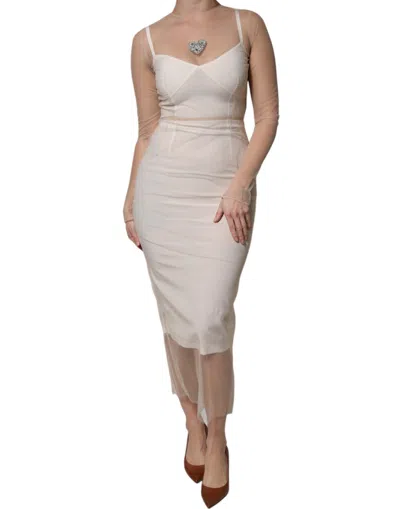 Dolce & Gabbana White Sheer Tulle Bustier Bodycon Midi Dress In White