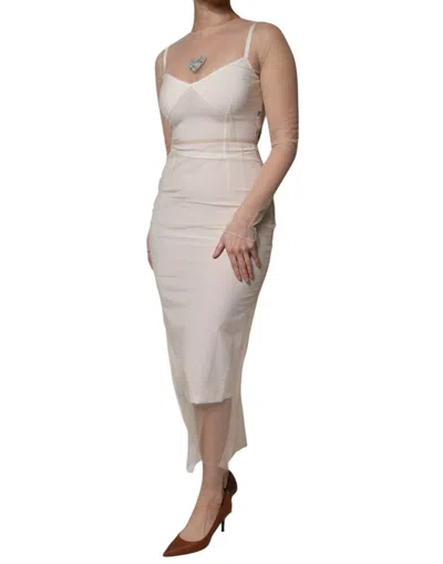 Dolce & Gabbana White Sheer Tulle Bustier Bodycon Midi Dress In White