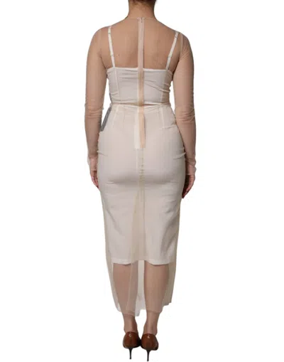 Dolce & Gabbana White Sheer Tulle Bustier Bodycon Midi Dress In White