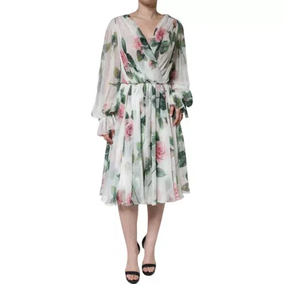 Dolce & Gabbana White Silk Floral Print Long Maxi Dress In White