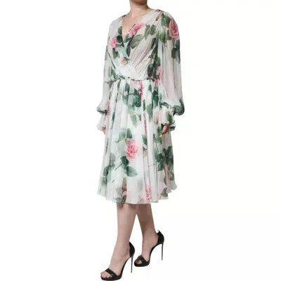 Dolce & Gabbana White Silk Floral Print Long Maxi Dress In White