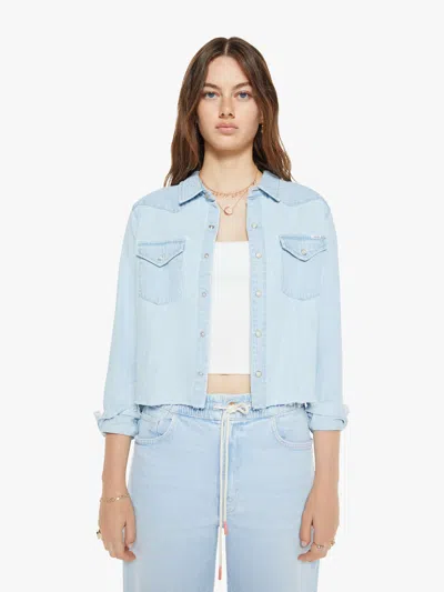Mother The Super Exes Frayed Step Hem Crop Snap-up Denim Shirt In Light Blue
