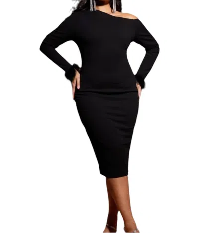 Rebdolls Feather Cuff Midi Dress In Black In Black