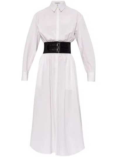 Shop Alaïa Women Abito Camicia Con Cintura In White