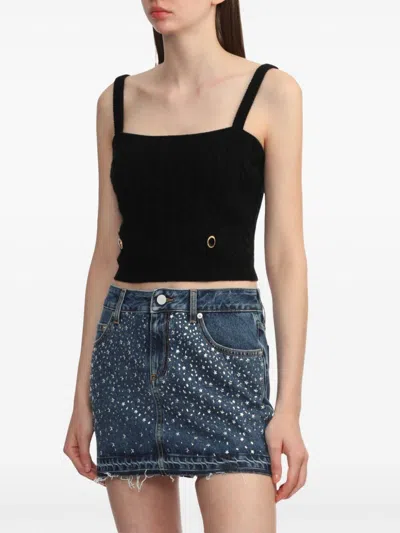 Alessandra Rich Square Neckline Knit Top With Jewel Buttons In Black