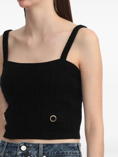Alessandra Rich Square Neckline Knit Top With Jewel Buttons In Black