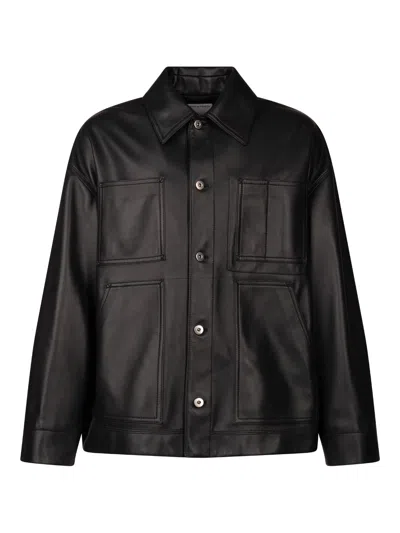 Bottega Veneta Collared Leather Jacket Front Pockets In Black