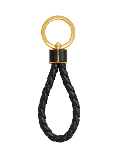 Bottega Veneta Intrecciato Leather And Gold-tone Keyring In Black
