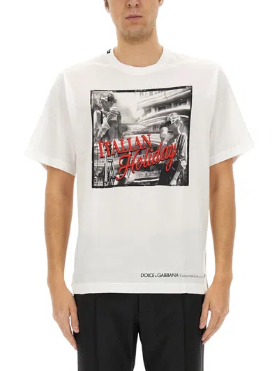 Dolce & Gabbana White Cotton Italian Holiday Print T-shirt