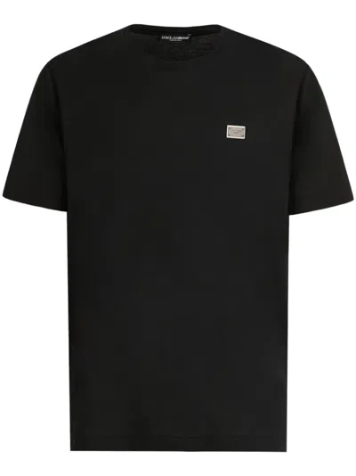 Dolce & Gabbana Cotton T-shirt With Metal Plaque Featuring Front Logo In Black