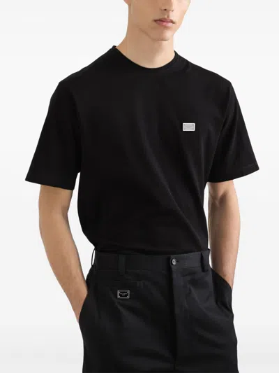 Dolce & Gabbana Cotton T-shirt With Metal Plaque Featuring Front Logo In Black